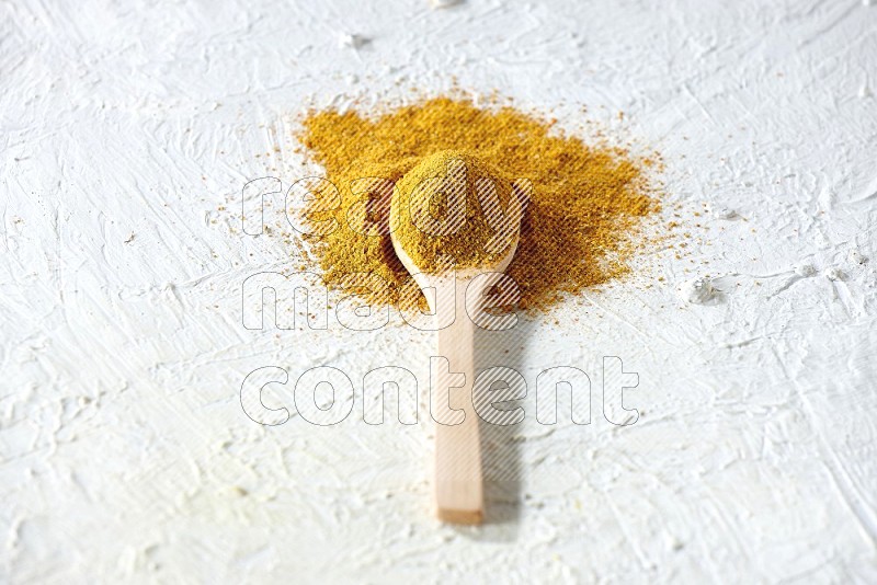 A wooden spoon full of turmeric powder on textured white background