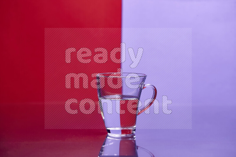 The image features a clear glassware filled with water, set against red and light purple background