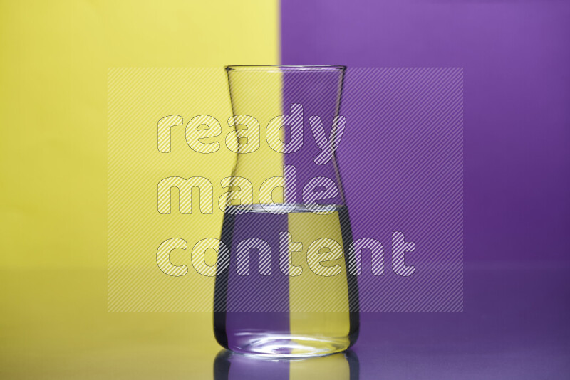 The image features a clear glassware filled with water, set against yellow and purple background