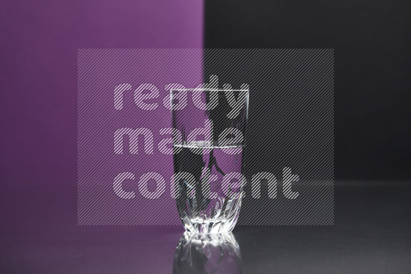 The image features a clear glassware filled with water, set against purple and black background