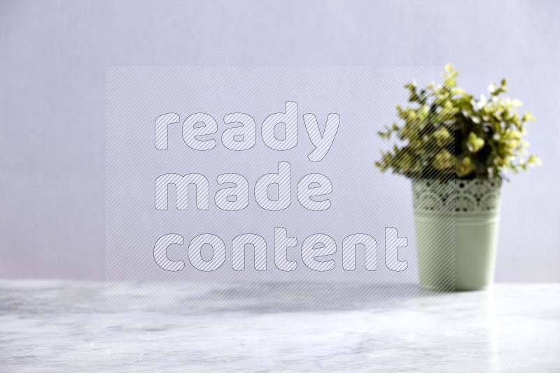 Artificial Plant in light green pot (out of focus background) on Light Grey Marble Flooring 15 degree angle