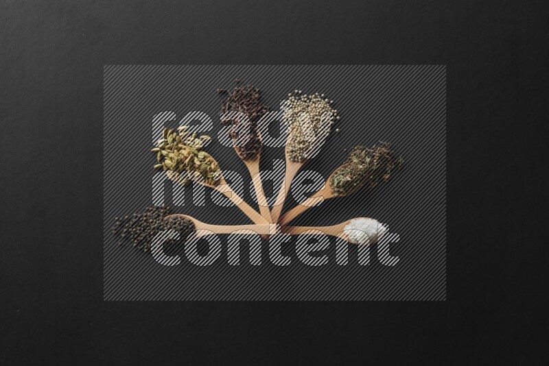 الفلفل الأبيض والقرنفل والهيل والملح والفلفل الأسود وريحان مجفف في معالق خشبية علي خلفية سوداء