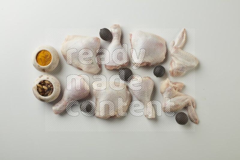 Mixed fresh chicken pieces direct on a white background