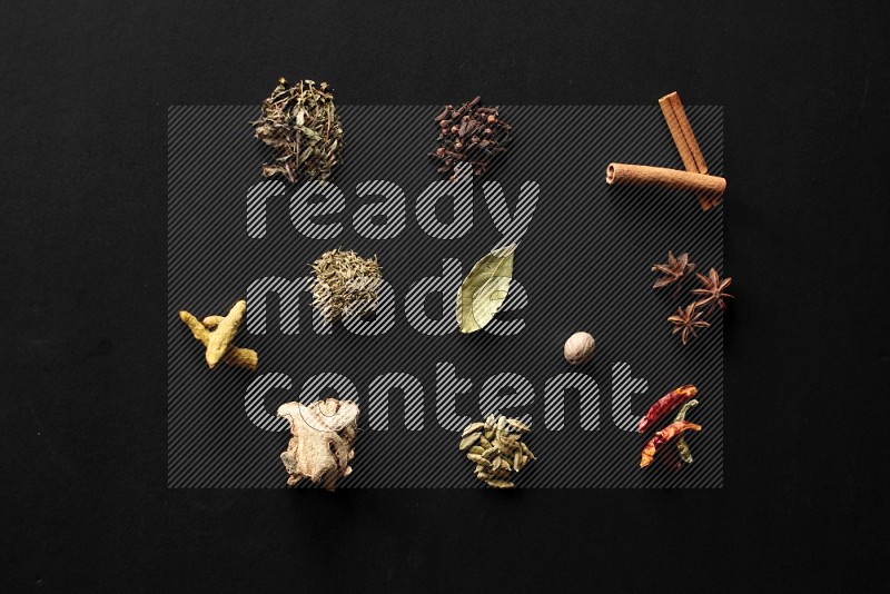 Cinnamon, star anise, chilis, cardamom, nutmeg, laurel bay leaves, cloves, basil, cumin, turmeric and  ginger on a black background