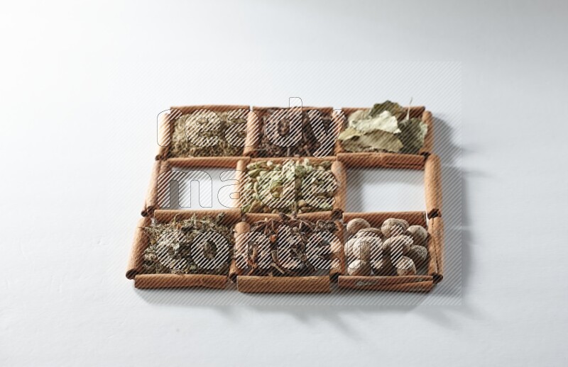 9 مربعات من أعواد القرفة ممتلئة بالهيل في المنتصف محاطة بجوزة الطيب والقرفة وأوراق الغار والقرنفل والكمون والريحان المجفف والزنجبيل المجفف واليانسون النجمي على أرضية بيضاء