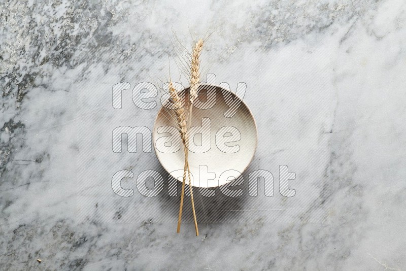 Wheat stalks on Beige Pottery Plate on grey marble flooring, Top view