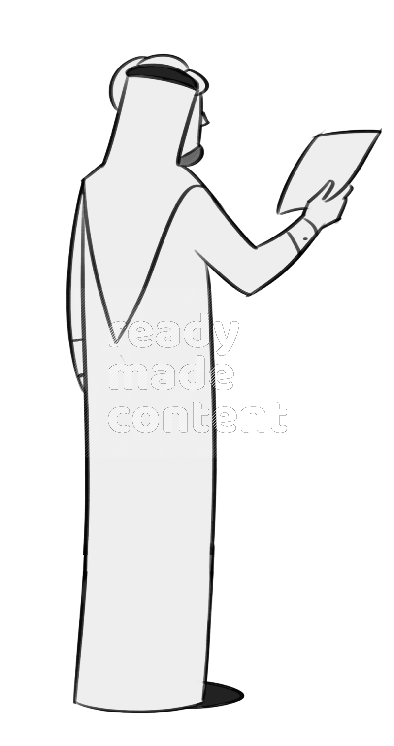 Saudi man handing a paper standing  different angles eye level