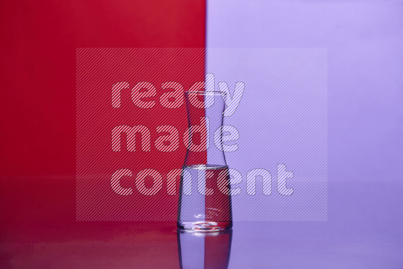 The image features a clear glassware filled with water, set against red and light purple background