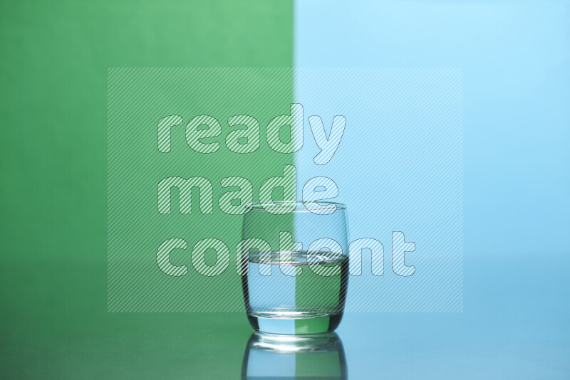 The image features a clear glassware filled with water, set against green and light blue background