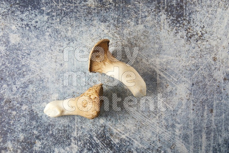 Fresh King oysters mushrooms topview  on a blue textured background