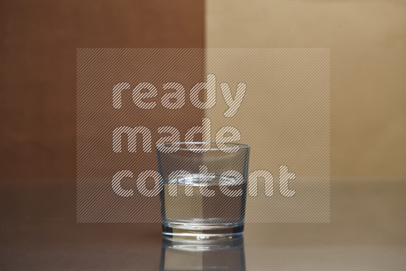 The image features a clear glassware filled with water, set against brown and light brown background