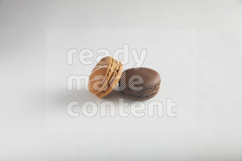 45º Shot of of two assorted Brown Irish Cream, and Brown Dark Chocolate macarons on white background
