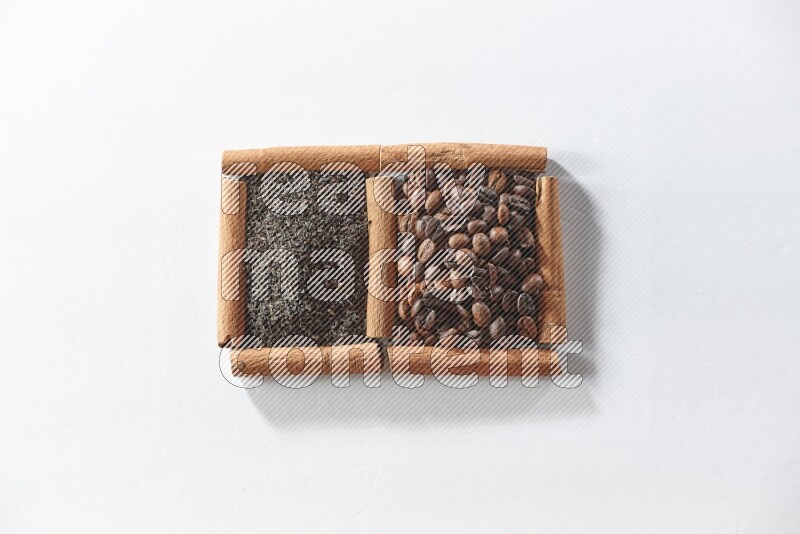 2 squares of cinnamon sticks full of coffee beans and black tea on white flooring