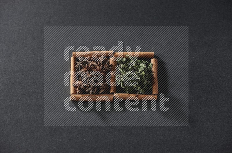 مربعان من أعواد القرفة ممتلئان باليانسون النجمي والنعناع المجفف علي خلفية سوداء