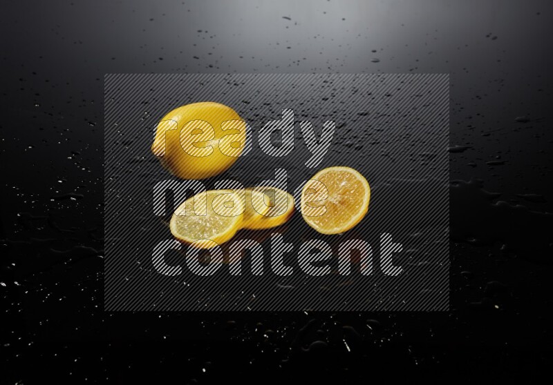 Lemon slices with water drops, and droplets on black background