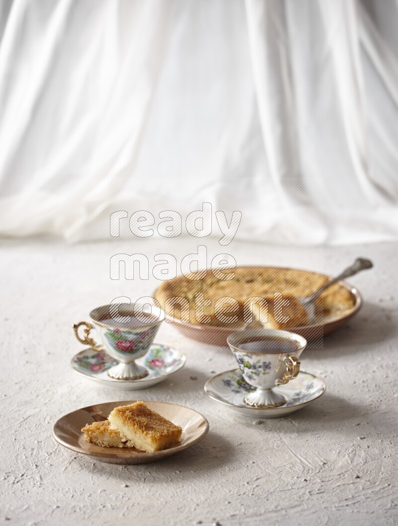 Konafa with tea in a light setup
