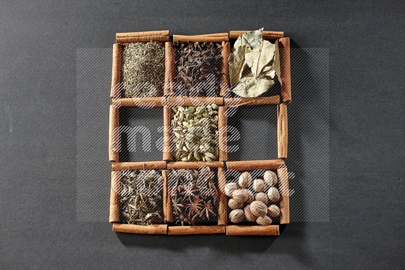 9 squares of cinnamon sticks full of cardamom in the middle surrounded by nutmeg, cinnamon, bay laurel leaves, cloves, cumin, dried ginger, dried basil and star anise on black flooring