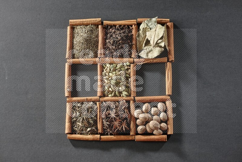 9 squares of cinnamon sticks full of cardamom in the middle surrounded by nutmeg, cinnamon, bay laurel leaves, cloves, cumin, dried ginger, dried basil and star anise on black flooring