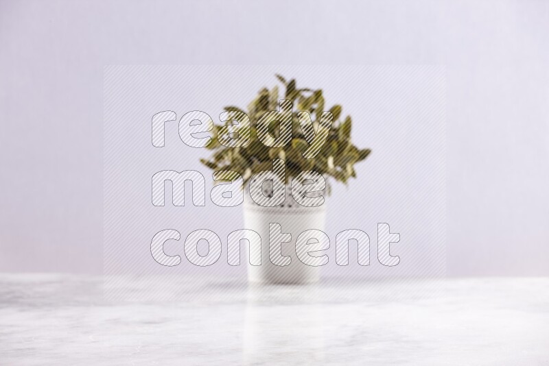 Artificial plant in white decorative pot on grey marble background