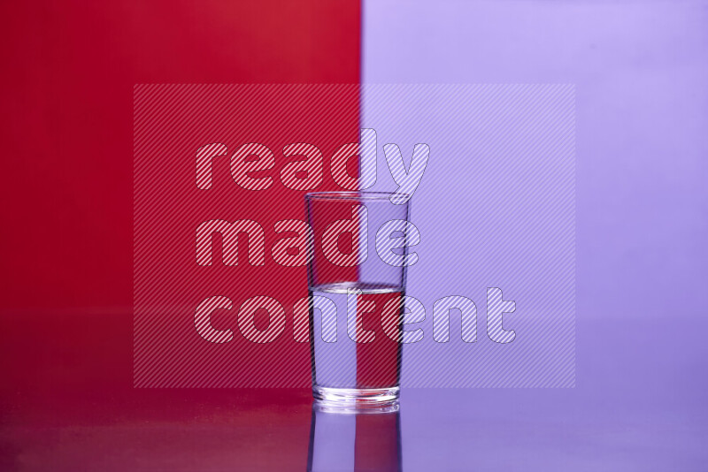 The image features a clear glassware filled with water, set against red and light purple background