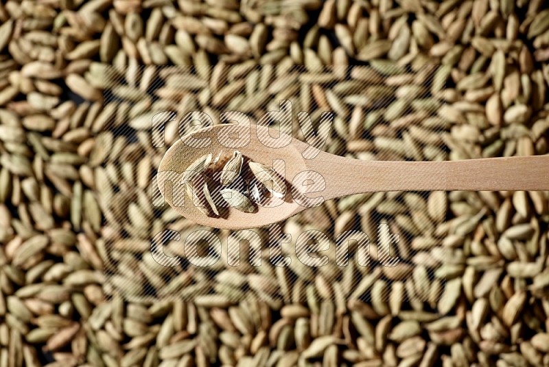 Cardamom seeds in a wooden spoon above cardamom seeds background on black flooring