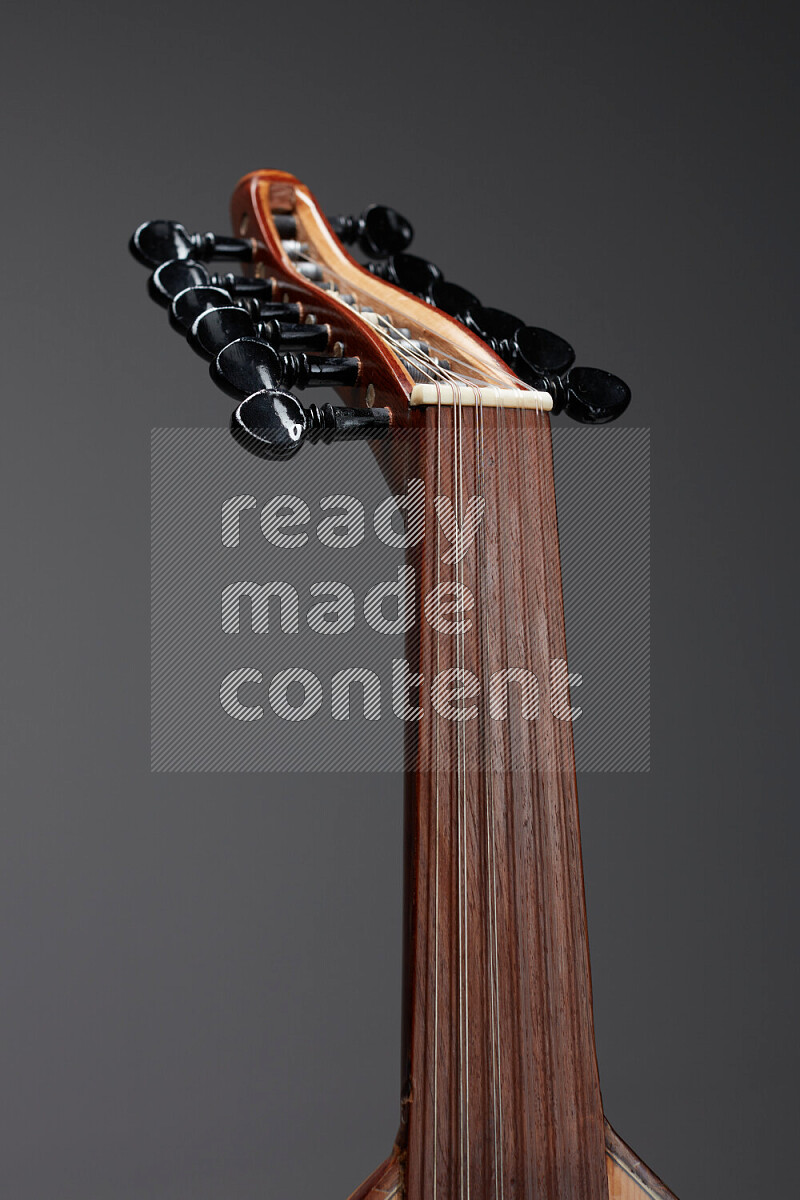 parts of a brown wooden Oud in a gray background