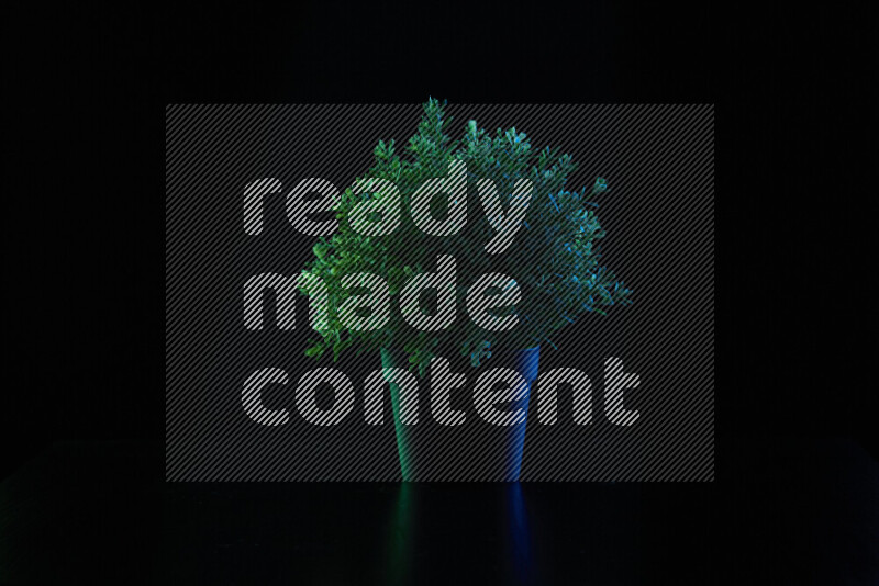 Plastic potted plant with colored rim light against black background