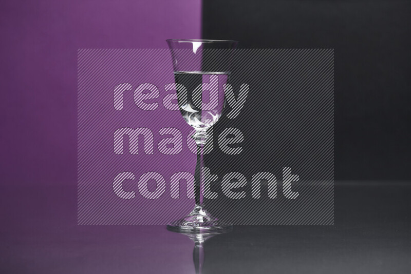 The image features a clear glassware filled with water, set against purple and black background