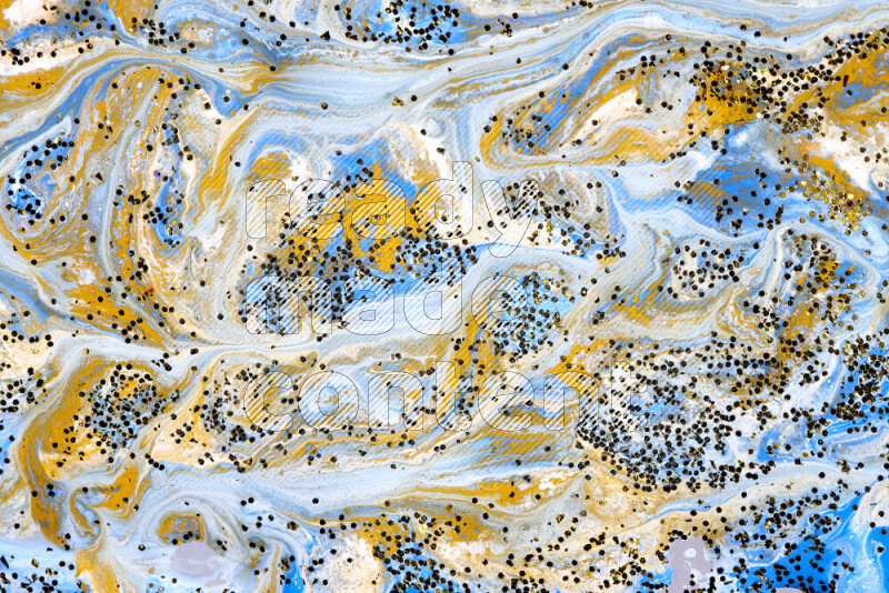 Abstract colorful background with mixed of blue, white and gold paint colors with scattered gold glitter