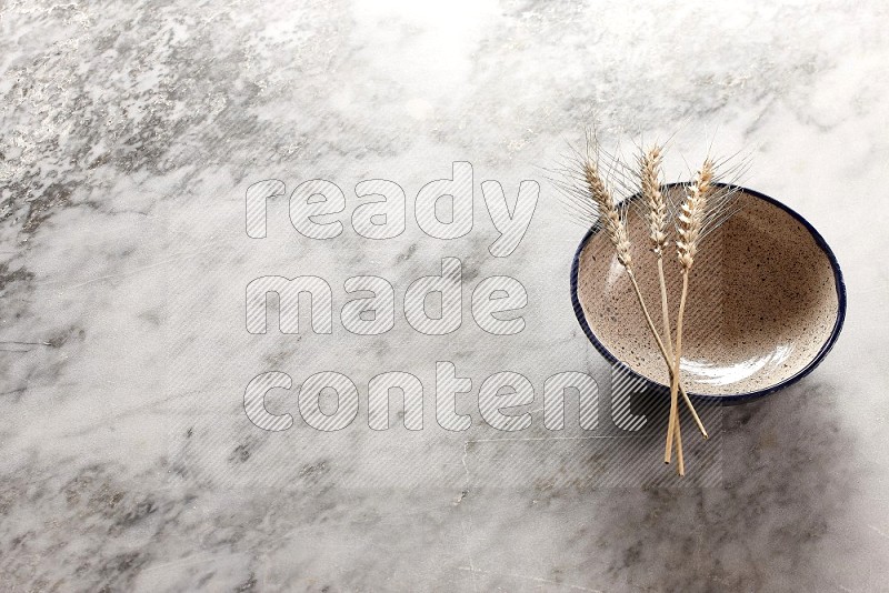 Wheat stalks on Multicolored Pottery Bowl on grey marble flooring, 45 degree angle