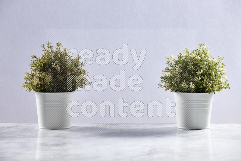 Two artificial plants in white pots on grey marble background