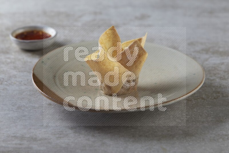 wonton cups with soy sauce ramkin on multi colored pottery on grey textured counter top