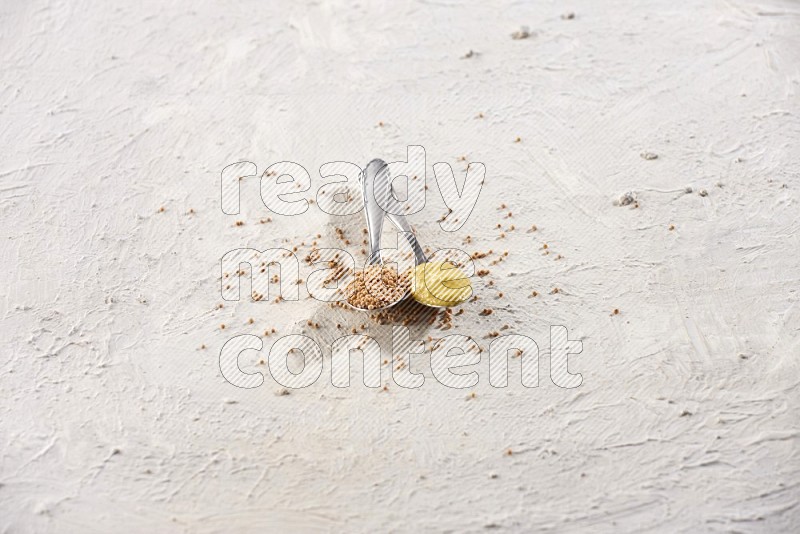 Two metal spoons, one filled with mustard seeds and the other with mustard paste on white background