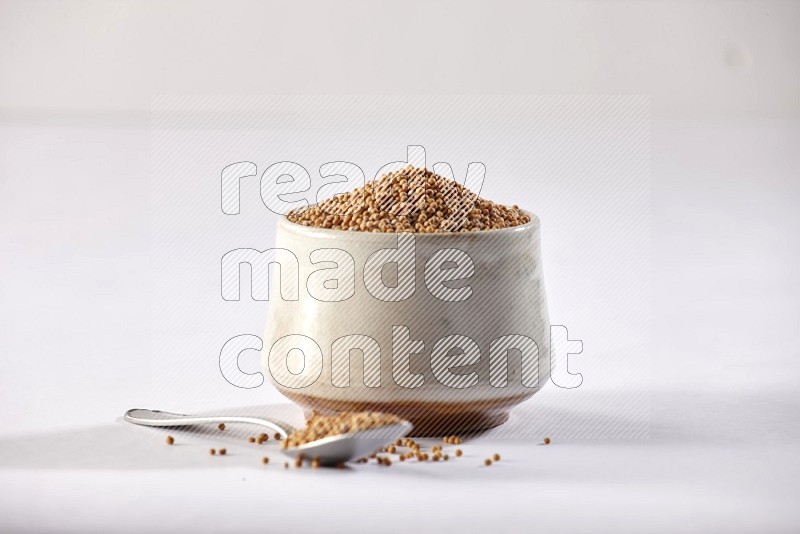 A beige pottery bowl and a metal spoon full of mustard seeds on white flooring