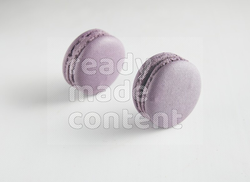 45º Shot of two Purple Blueberry macarons on white background