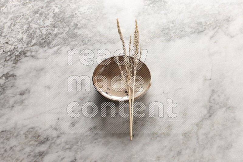Wheat stalks on multicolored pottery bowl on grey marble background