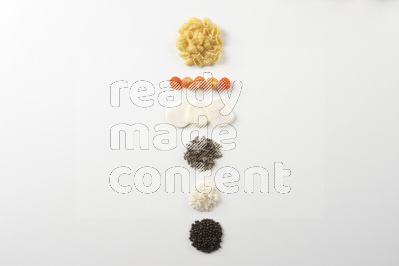 Red sauce pasta recipes ingredients on white background