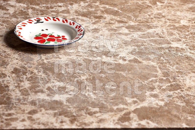 Vintage Metal Plate on Beige Marble Flooring, 45 degrees