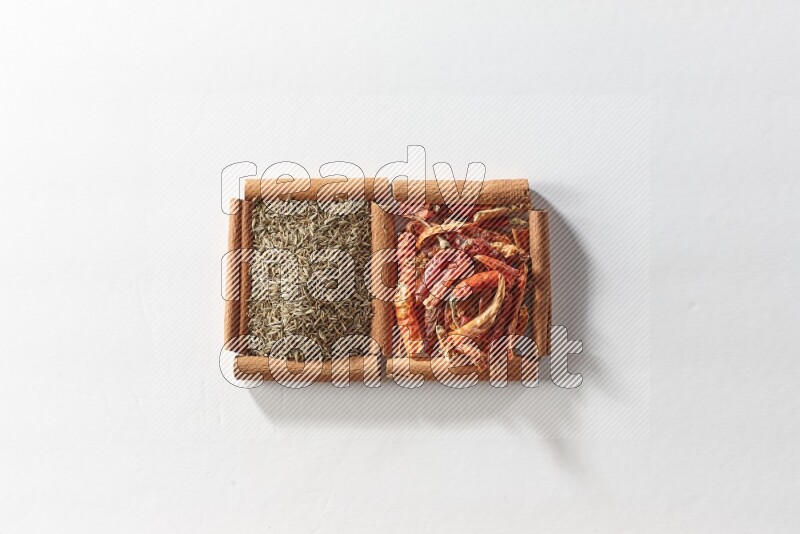 2 squares of cinnamon sticks full of dried red chilis and cumin on white flooring