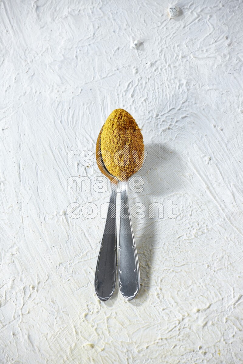 2 metal spoons full of turmeric powder on a textured white background
