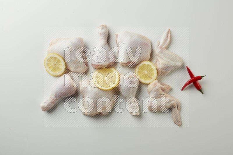 Mixed fresh chicken pieces direct on a white background