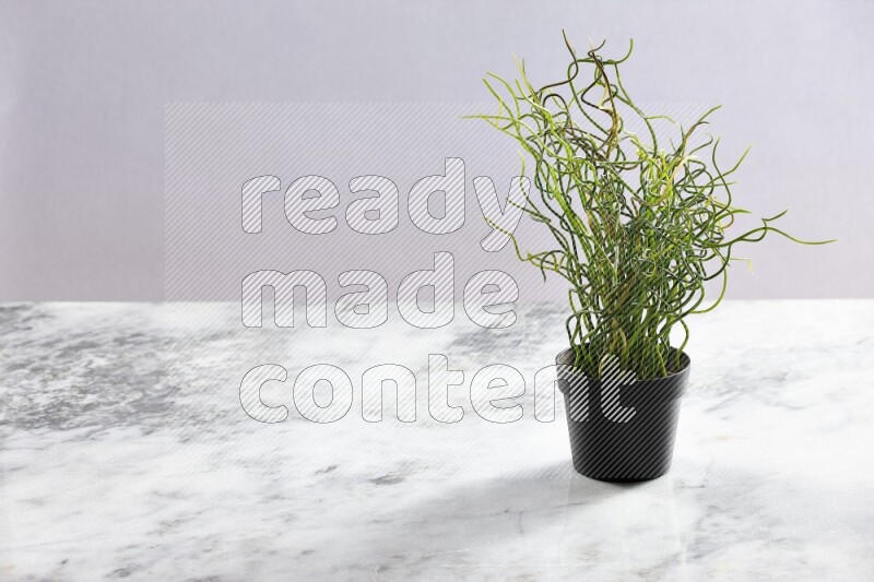 Green artificial plant in black pot on grey marble background