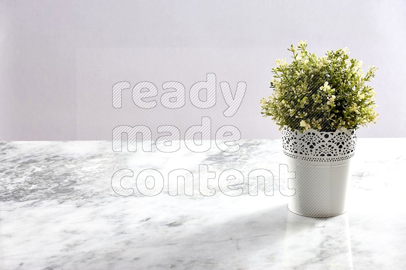 Artificial Thyme Plant in White Decorative Pot on Light Grey Marble Background 45 degree angle