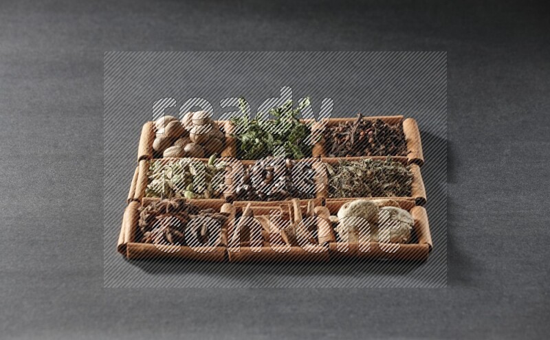 9 مربعات من أعواد القرفة ممتلئة بحبوب القهوة في المنتصف محاطة بجوزة الطيب والنعناع المجفف والقرنفل والريحان المجفف والزنجبيل المجفف والقرفة واليانسون والهيل على أرضية سوداء