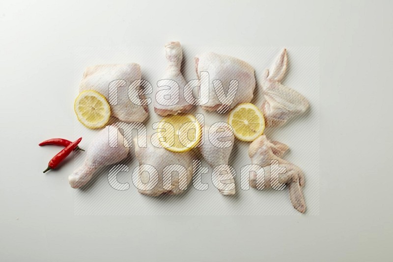 Mixed fresh chicken pieces direct on a white background