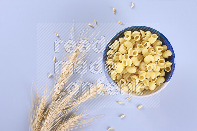 Raw pasta with wheat stalks on light blue background