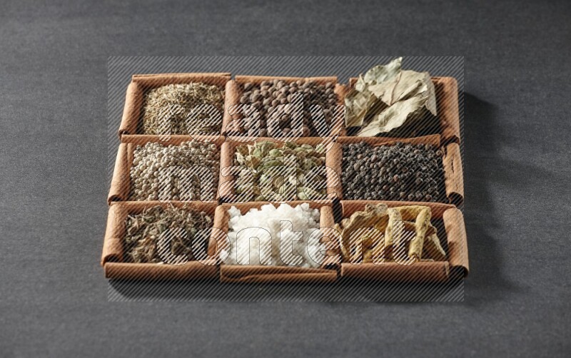 9 squares of cinnamon sticks full of cardamom in the middle surrounded by turmeric fingers, black pepper, bay laurel leaves, allspice, cumin, white pepper, dried basil and salt on black flooring