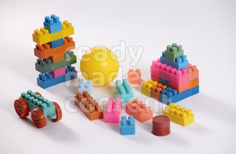 Collection of different kids toys on white background in different angles