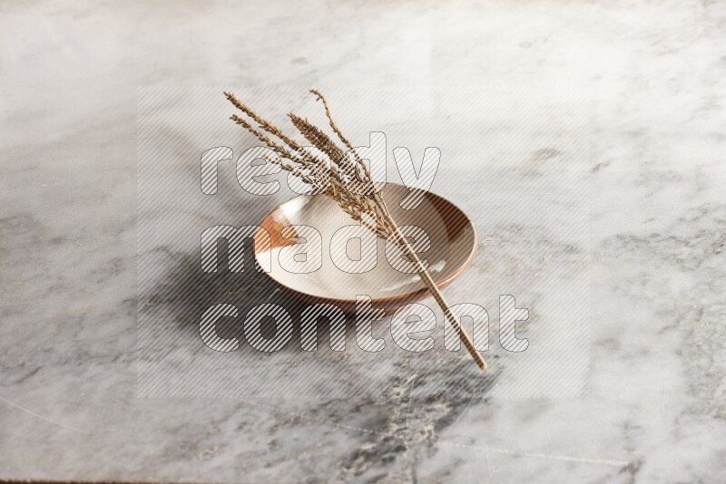 Wheat stalks on multicolored pottery plate on grey marble background