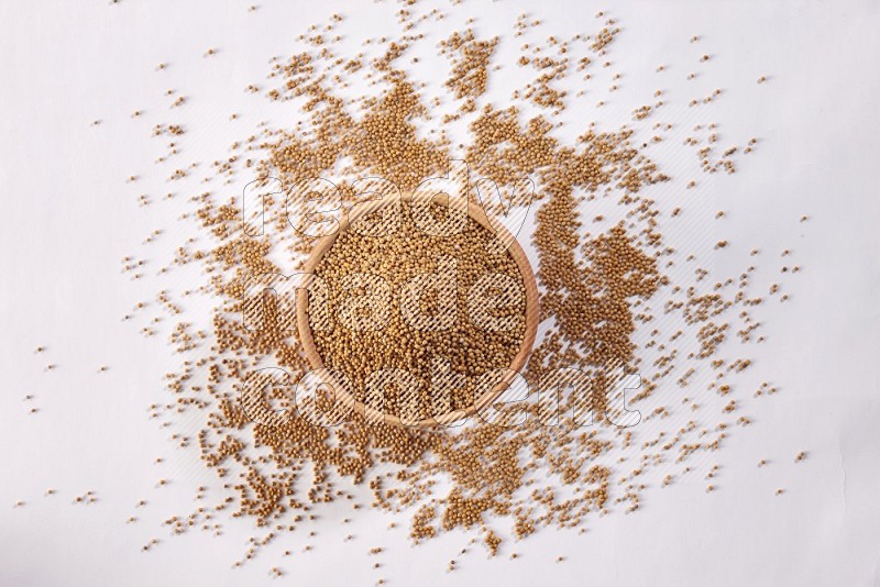 A wooden bowl full of mustard seeds and more seeds spread on a white flooring